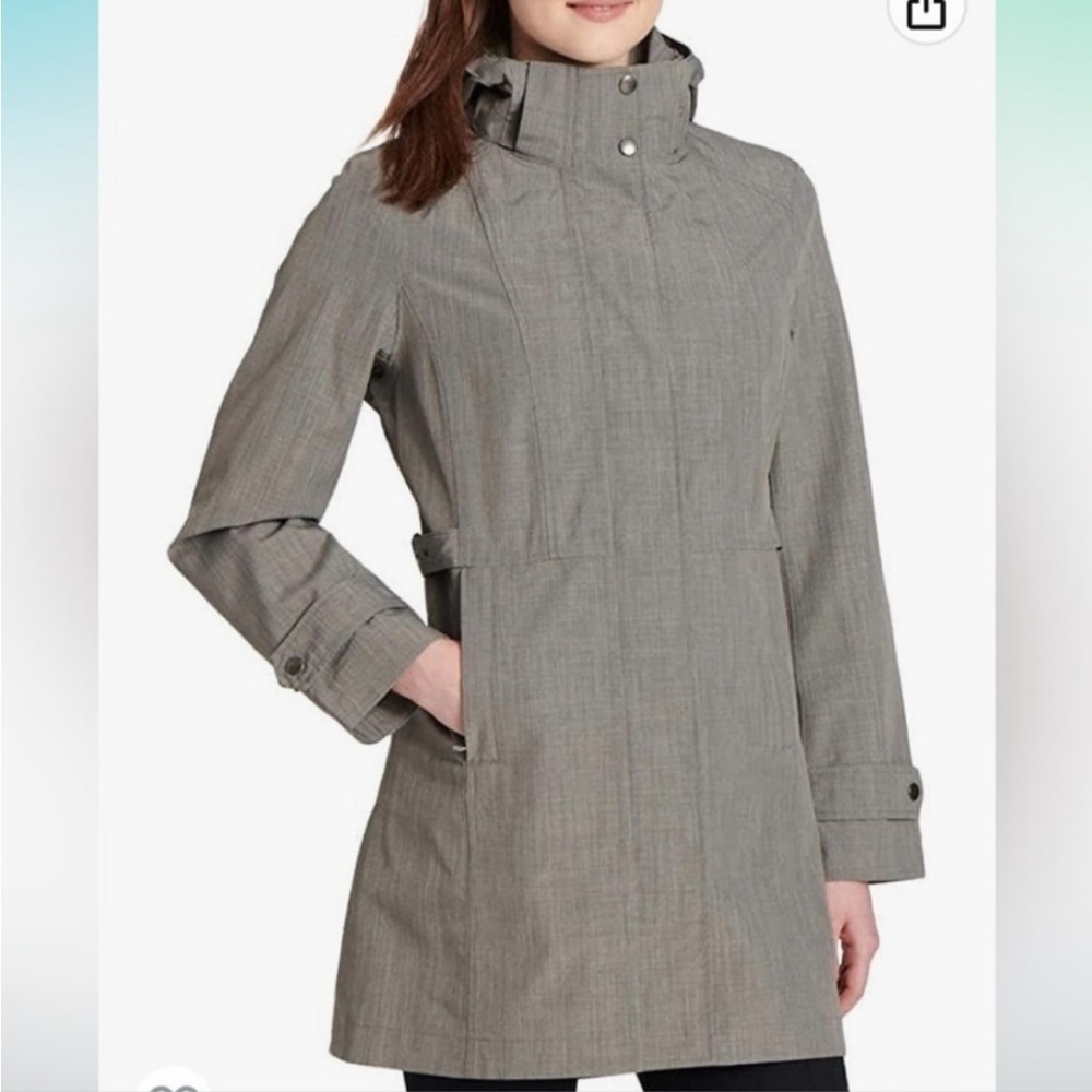 Kirkland signature trench coat rain jacket light gray hood adjustable waist